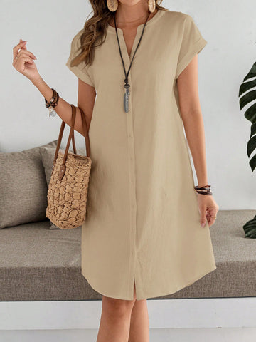 Casual Short Sleeve V-Neck Plain Mid-Length Women's Dress