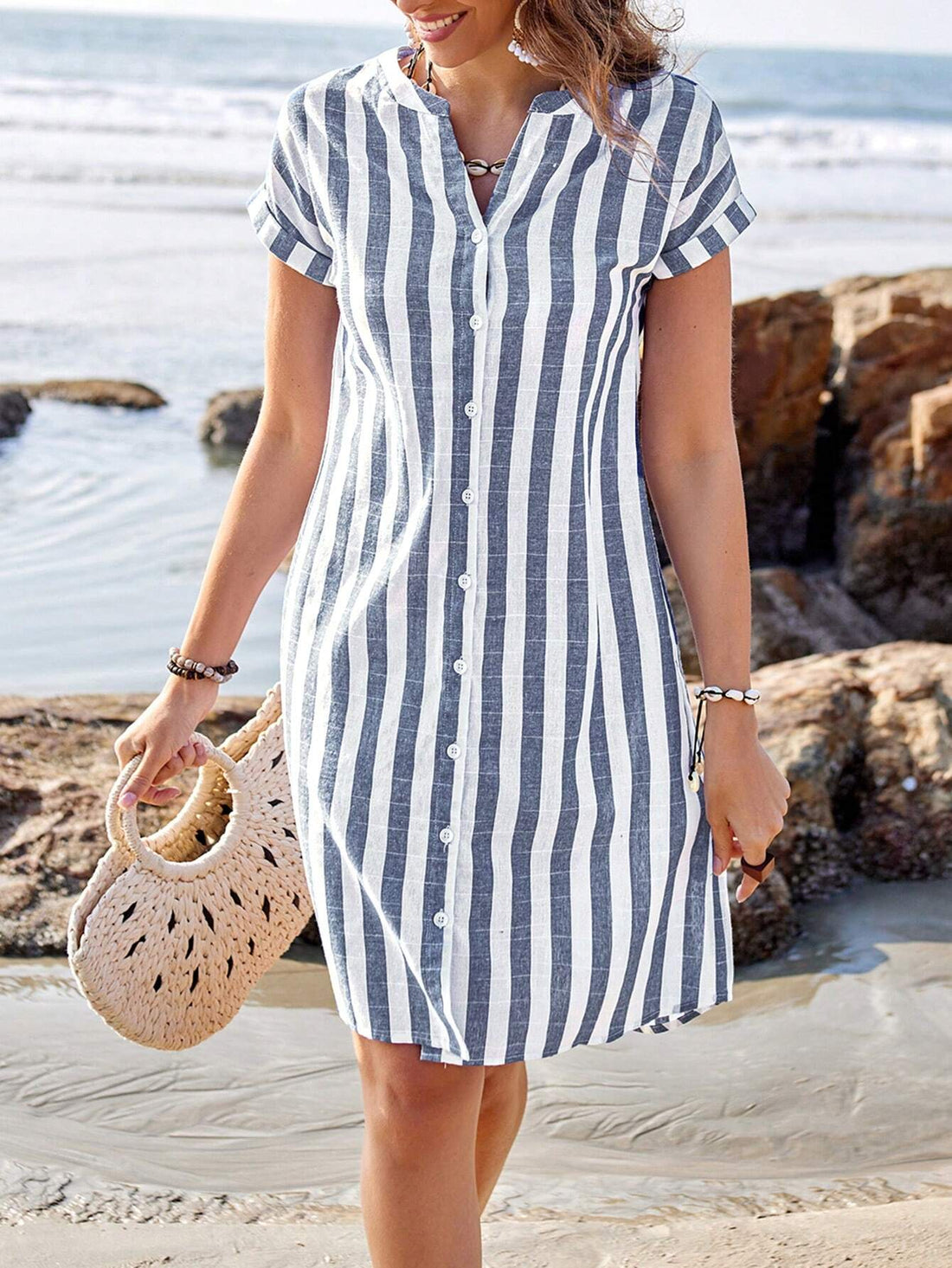 Casual Short Sleeve V-Neck Plain Mid-Length Women's Dress