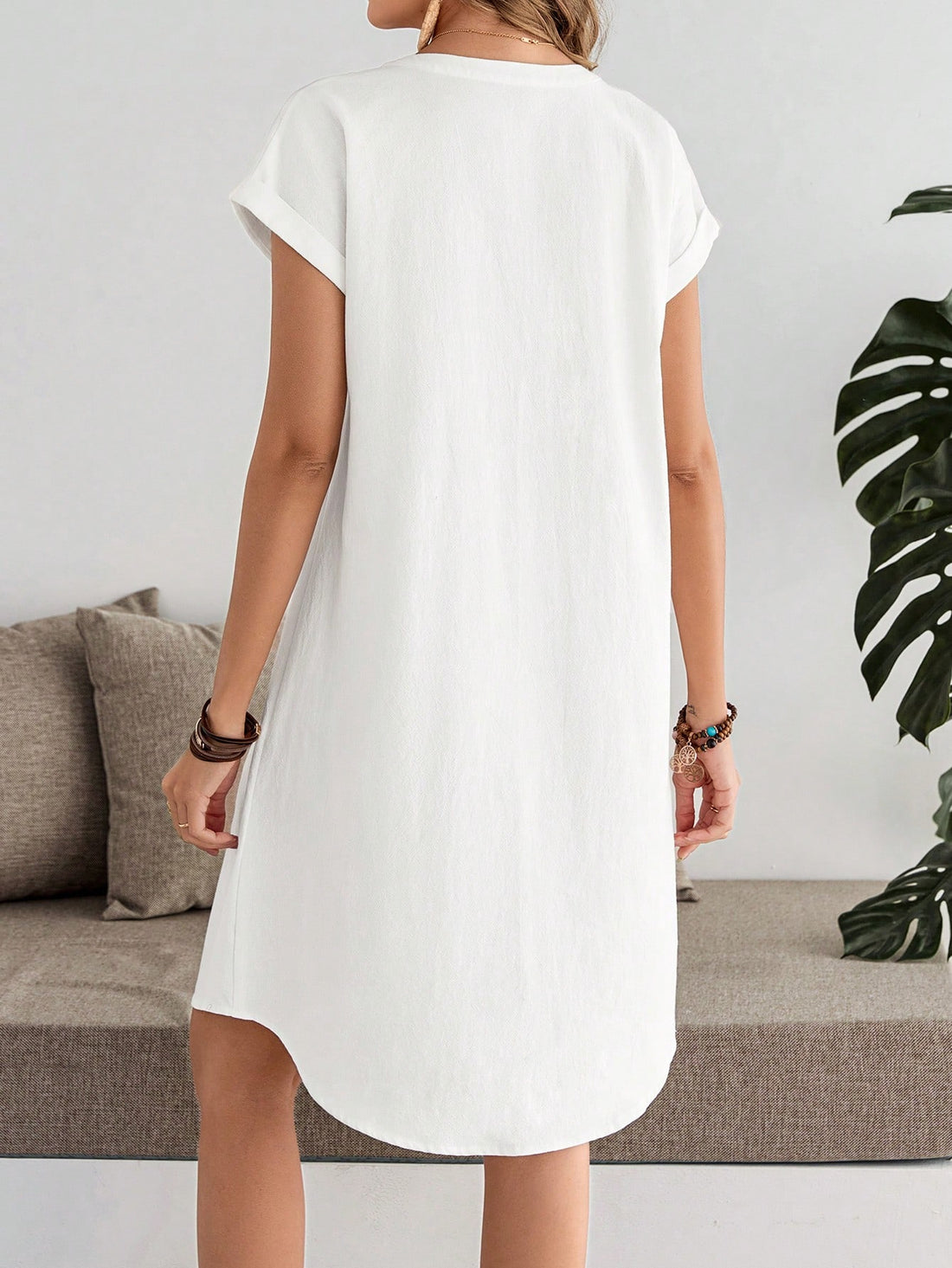 Casual Short Sleeve V-Neck Plain Mid-Length Women's Dress