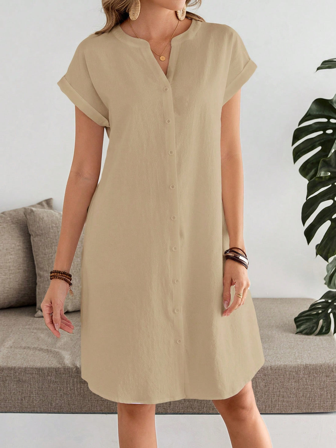Casual Short Sleeve V-Neck Plain Mid-Length Women's Dress